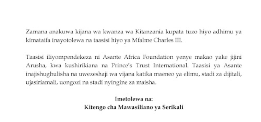 Tanzania Press Release on Award Winner Zamana